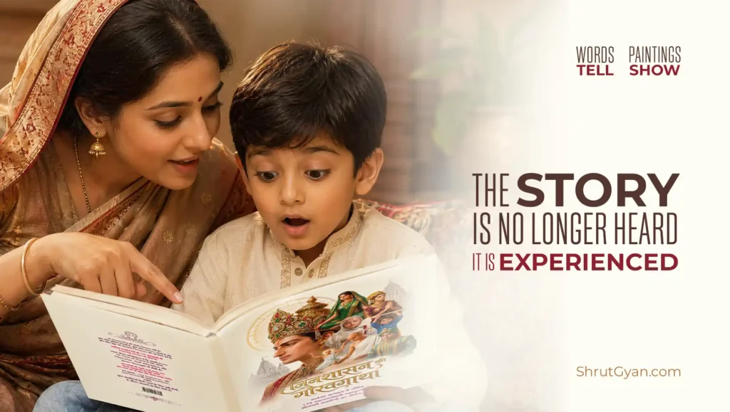 Mother narrating an illustrated Jain story to her child from Jinshasan Ki Gauravgatha